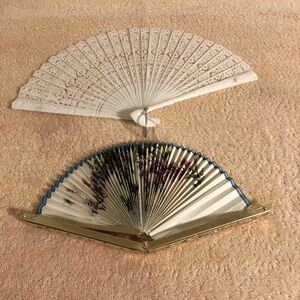 Lot of 2 Vintage Hand Fans Plastic White 7” Gold 5”